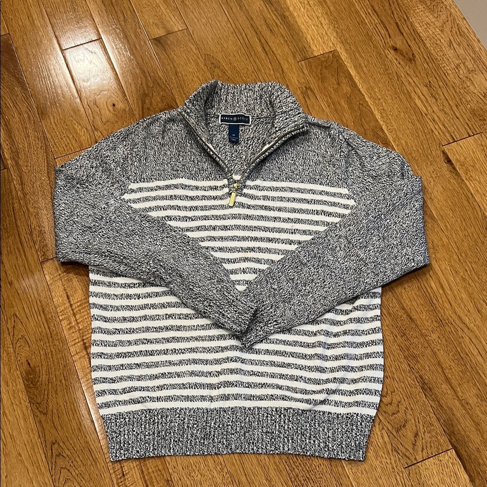 Karen Scott Gray and White Striped Zip-Up Sweater